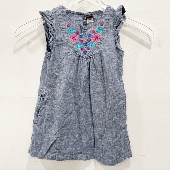 Tea Collection Flutter Sleeve Chambray Dress Size 4 Linen Cotton Embroidered - Picture 2 of 8